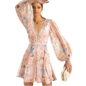 Floral Pink Long-Sleeve V-Neck Mini Dress